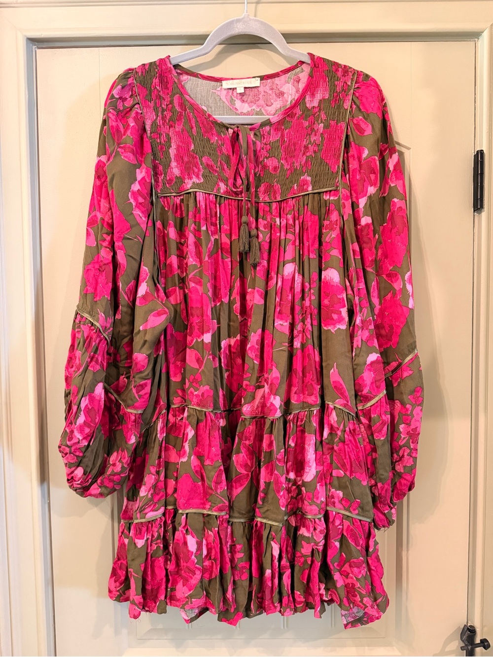 Olivaceous Olive Green & Magenta Pink Floral Babydoll Tunic Dress Large